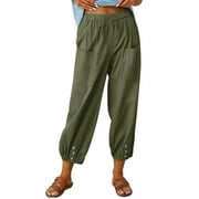 ZZwxWA Women's High Waist Pants Drawstring Capri Pants with Pocket Wide Leg Cropped Pants for Women Ladies Cotton Linen Summer Gift Solid Trousers Up to 45% Off